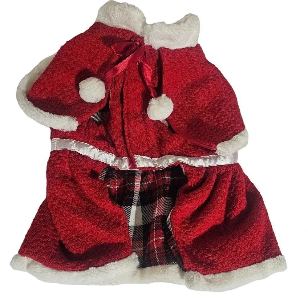 Santa Dress‎ Dog Cat Pet Costume Red Plaid Fuzzy Trim Belted Size L